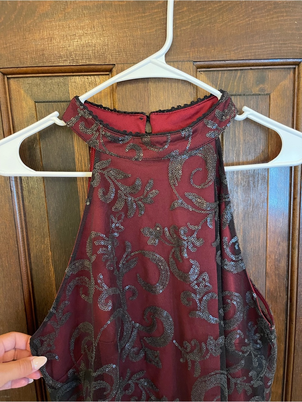 Altar’d State Burgundy Metallic Swirl Mesh Overlay Mini Dress Size L - Picture 2 of 5